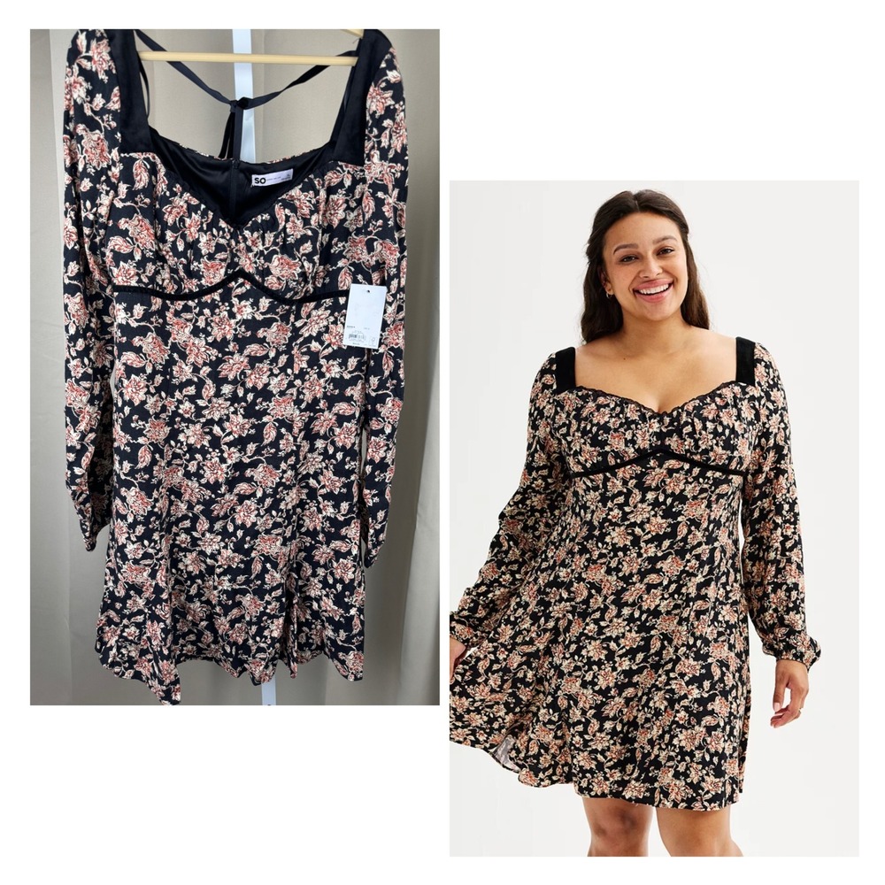 NWT SO‎ Black Floral Long Sleeve Sweetheart Neckline Fit & Flare Dress – XL